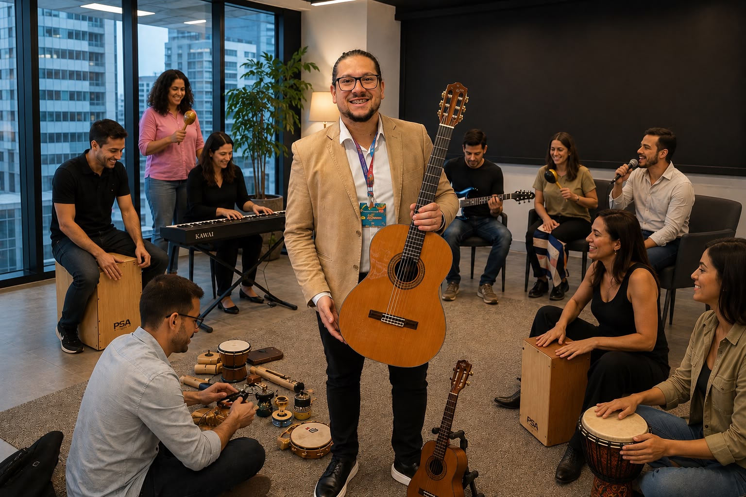 Equipe em experiência musical corporativa